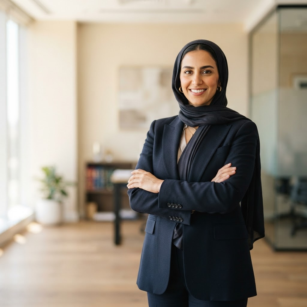 A female attorney standing confidently in a modern law office