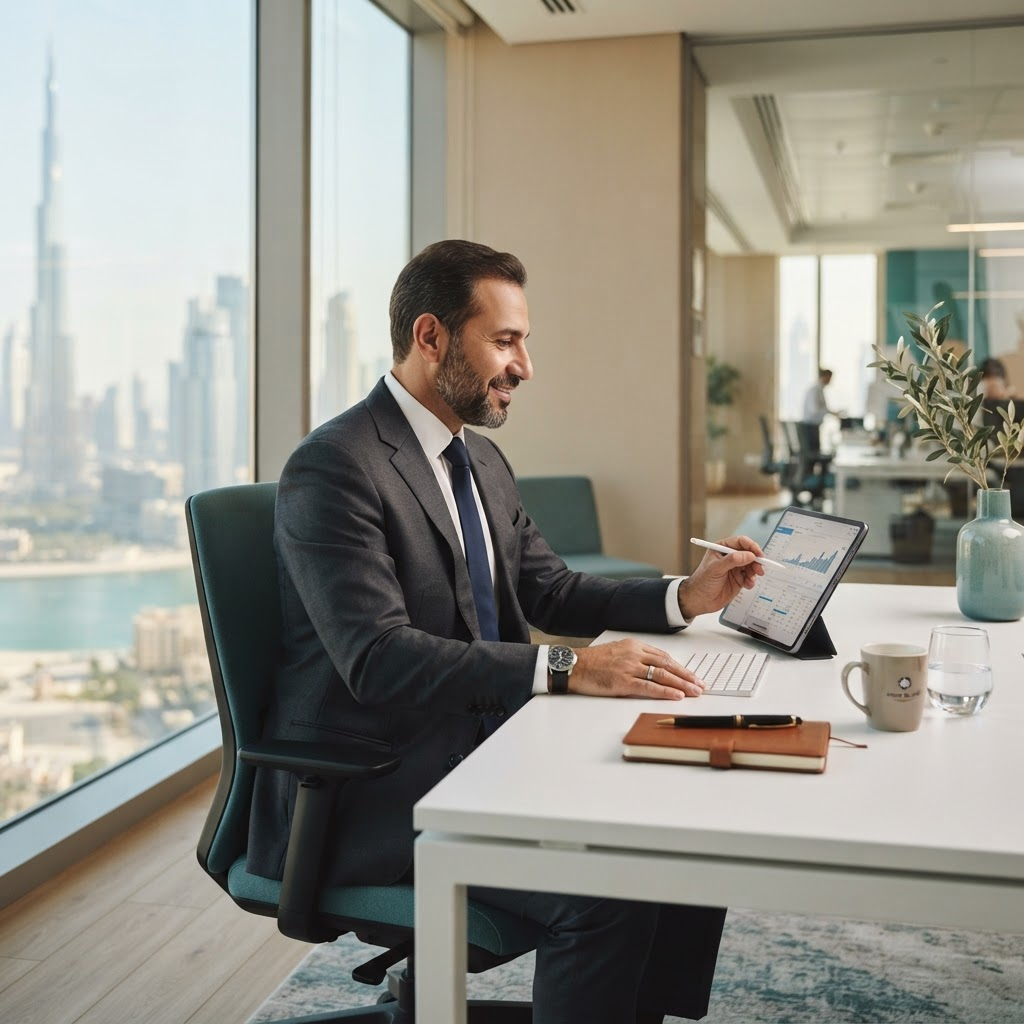 A businessman using a tablet at a modern desk